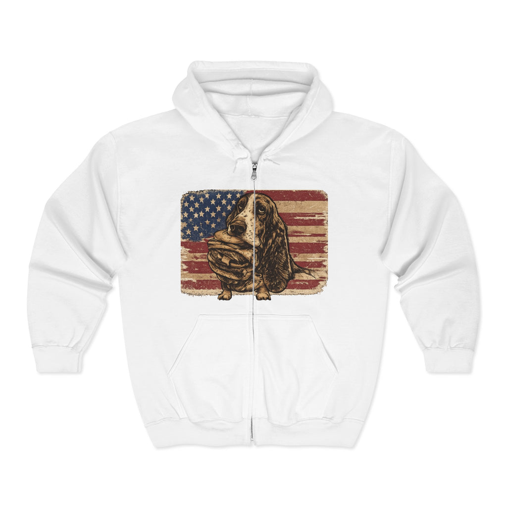 Basset Hound American Flag Zip Hoodie — "The Naughty Dog" Retro Graphic