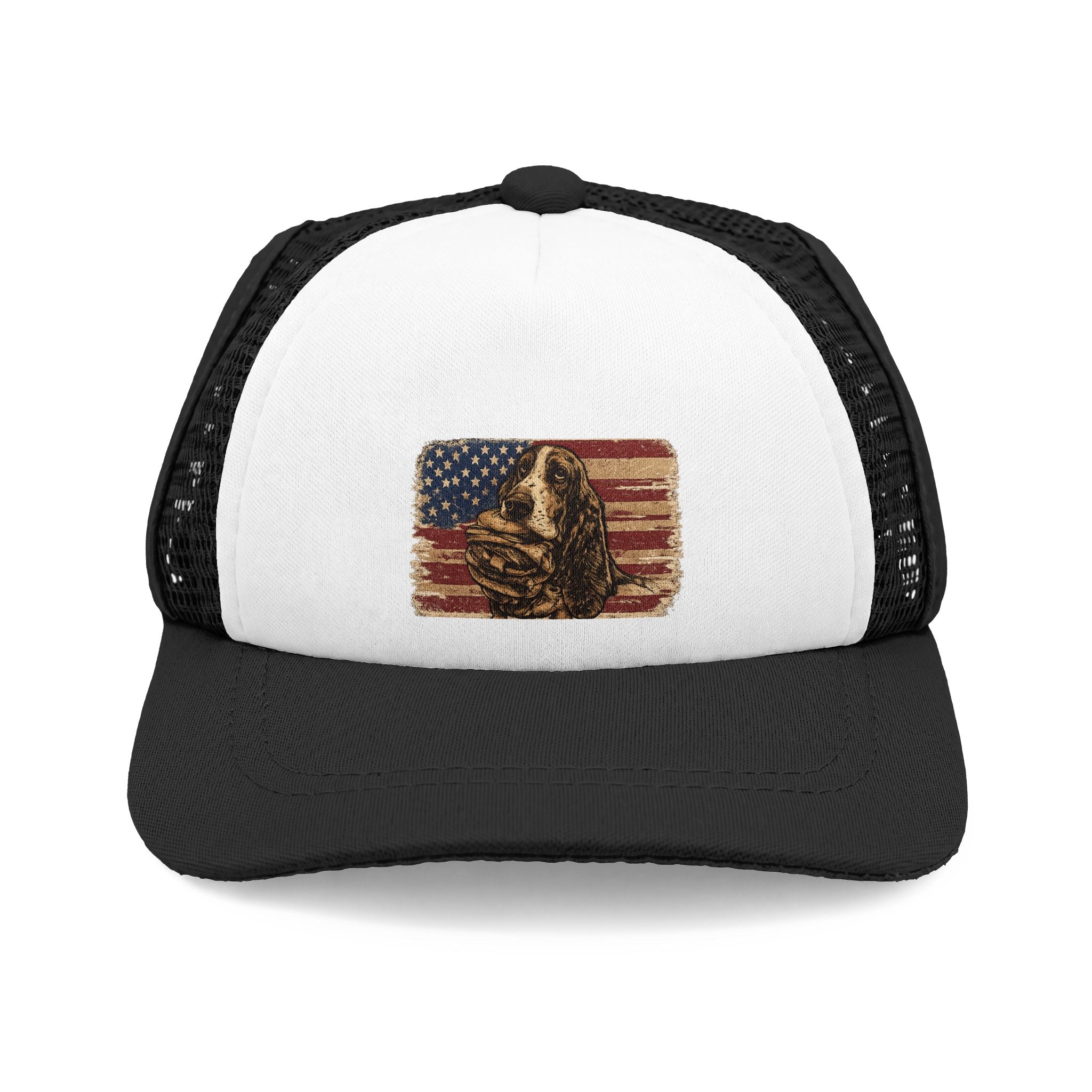 American Flag Dog Trucker Hat – Vintage Patriotic Pup Foam Cap