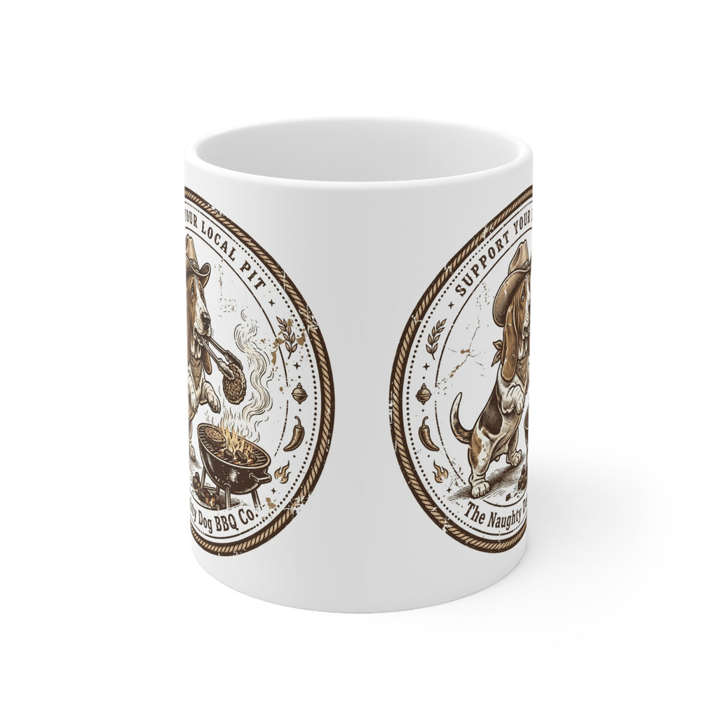 Support Your Local Pit BBQ Mug — "The Naughty Dog BBQ Co." Ceramic Coffee Cup, Funny Basset Hound Grilling Design, Gift for Dog & BBQ Lovers