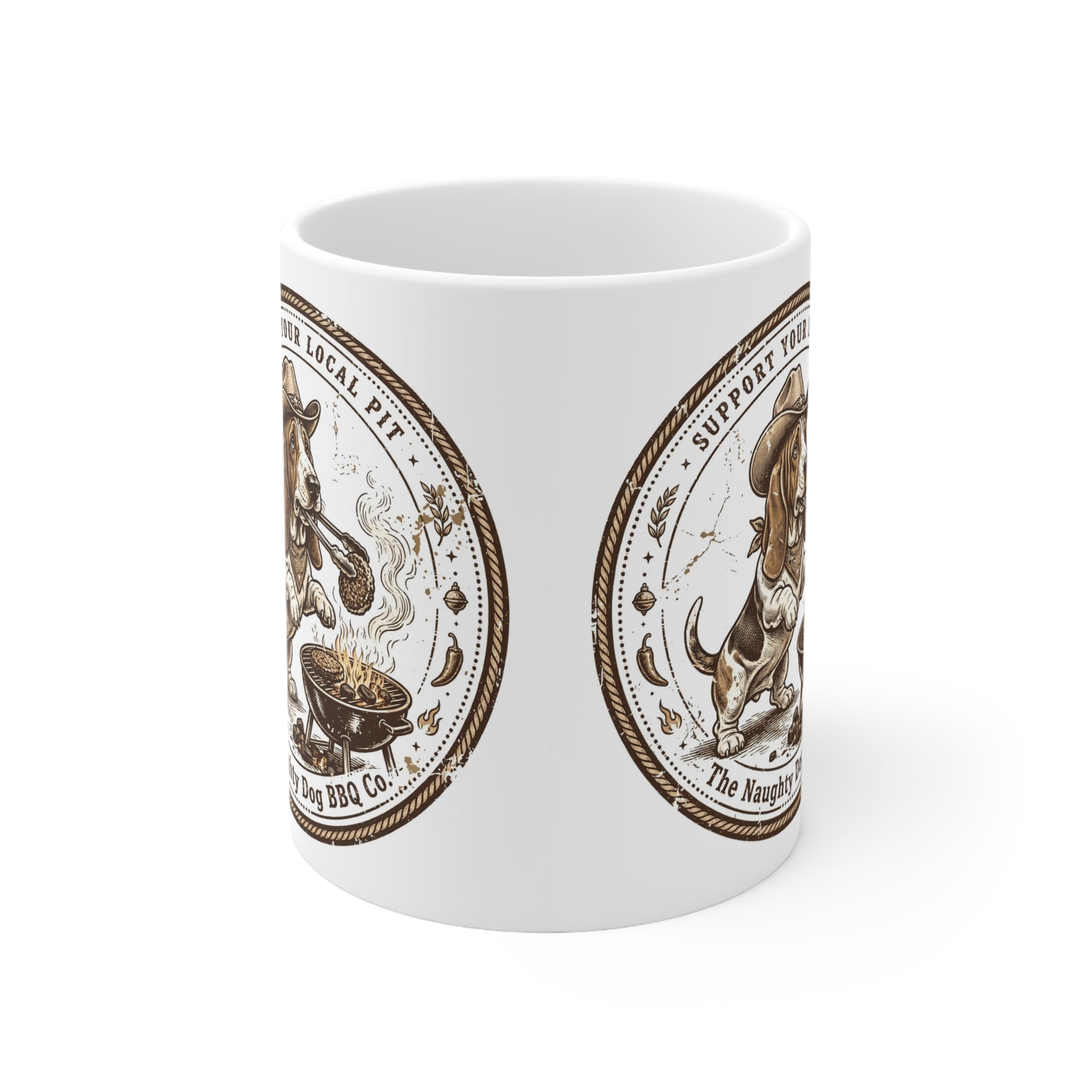Support Your Local Pit BBQ Mug — "The Naughty Dog BBQ Co." Ceramic Coffee Cup, Funny Basset Hound Grilling Design, Gift for Dog & BBQ Lovers