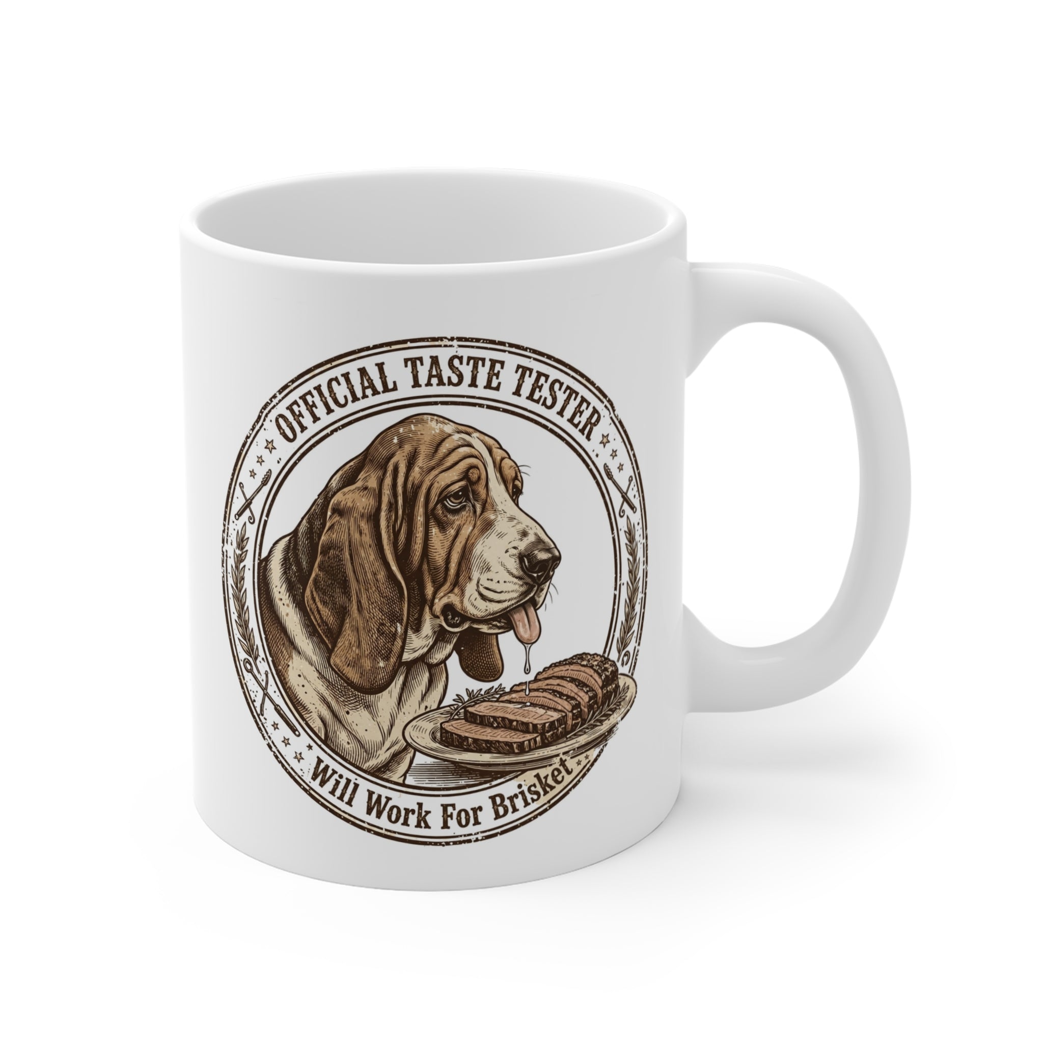 Coffee Mug — "Official Taste Tester: Will Work For Brisket" Basset Hound Design