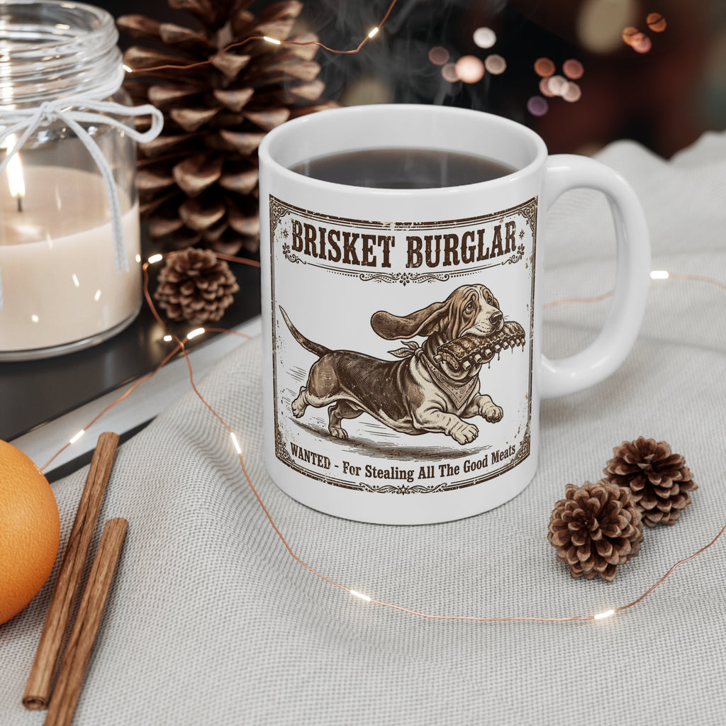 Brisket Burglar Mug — Funny BBQ Dog Coffee Cup (11oz)