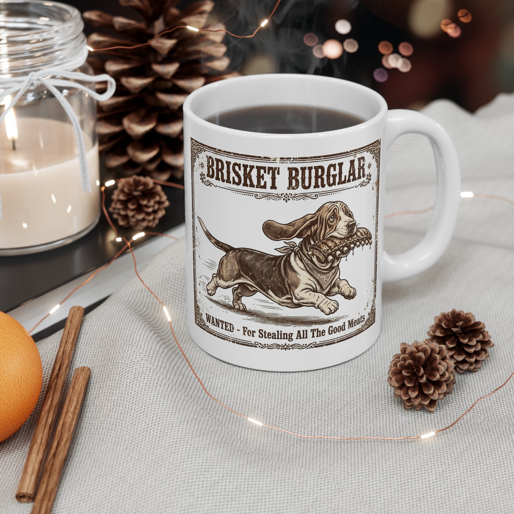 Brisket Burglar Mug — Funny BBQ Dog Coffee Cup (11oz)