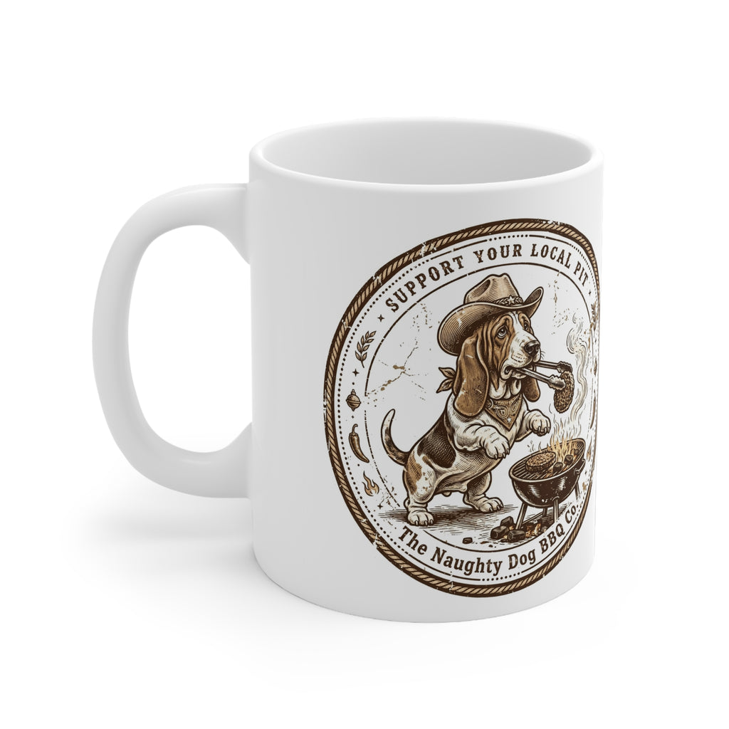 Support Your Local Pit BBQ Mug — "The Naughty Dog BBQ Co." Ceramic Coffee Cup, Funny Basset Hound Grilling Design, Gift for Dog & BBQ Lovers