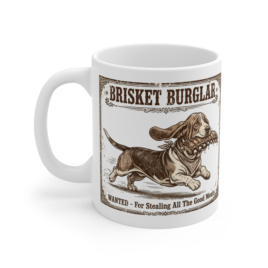 Brisket Burglar Mug — Funny BBQ Dog Coffee Cup (11oz)