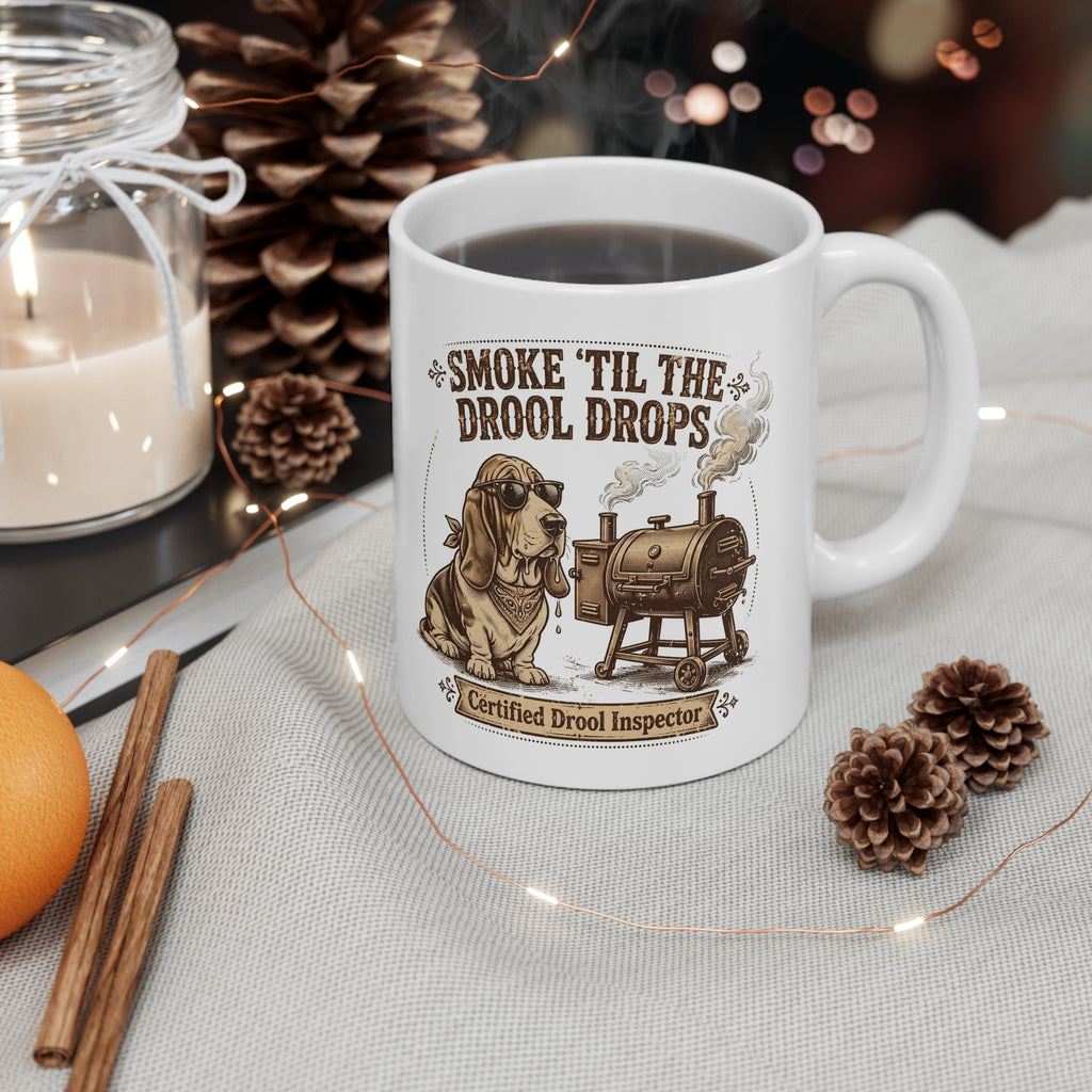 Smoking Dog Mug – “Smoke ’Til The Drool Drops” Ceramic Coffee Cup (Certified Drool Inspector)