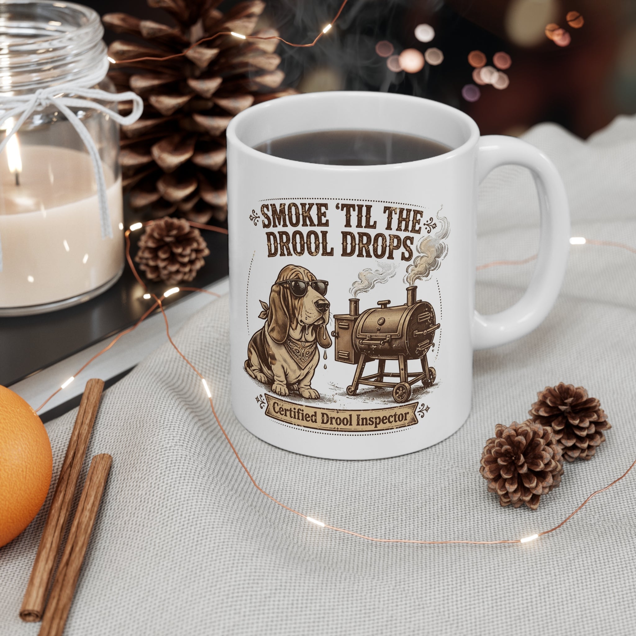 Smoking Dog Mug – “Smoke ’Til The Drool Drops” Ceramic Coffee Cup (Certified Drool Inspector)