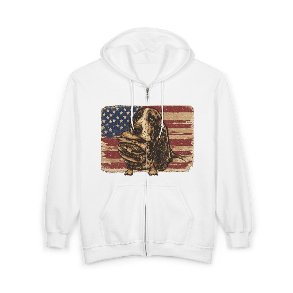 Basset Hound American Flag Zip Hoodie — "The Naughty Dog" Retro Graphic
