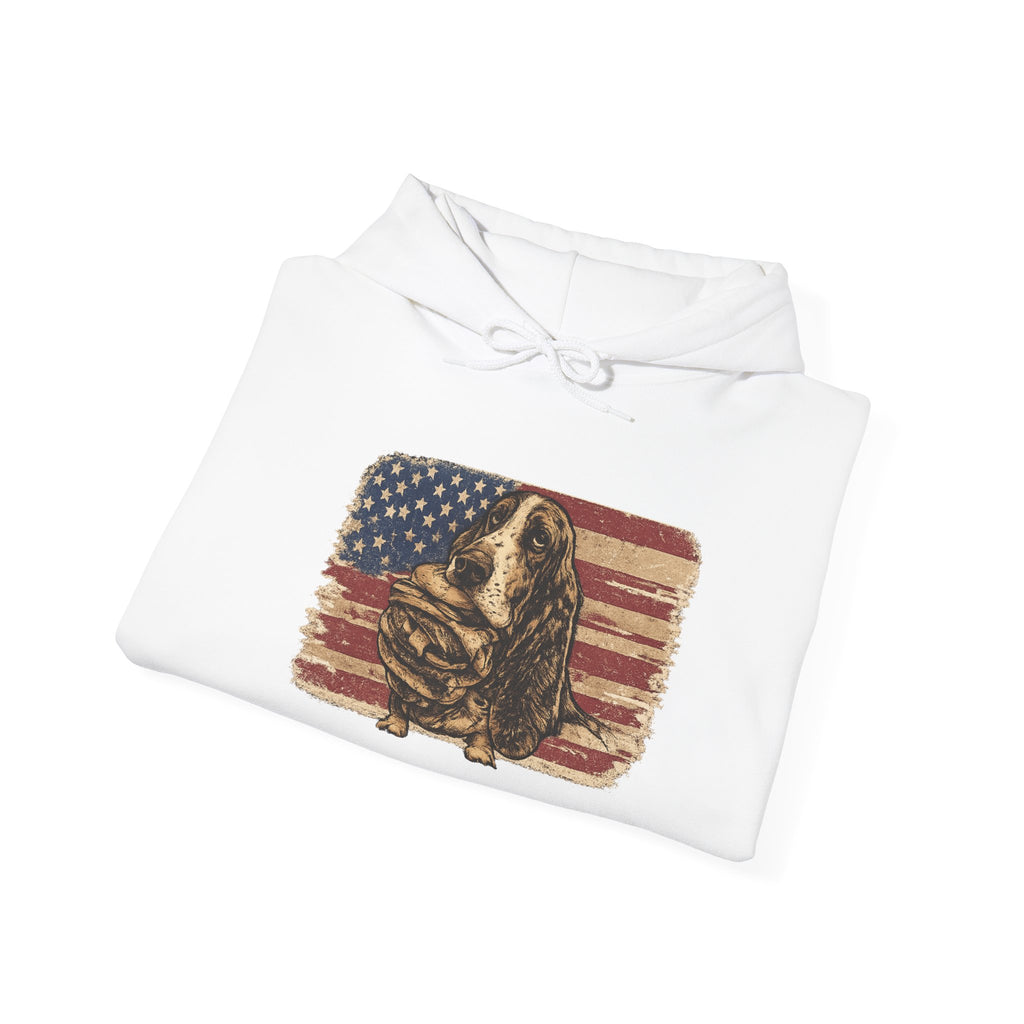 The Naughty Dog Vintage American Flag Hoodie — Basset Hound Graphic Sweatshirt