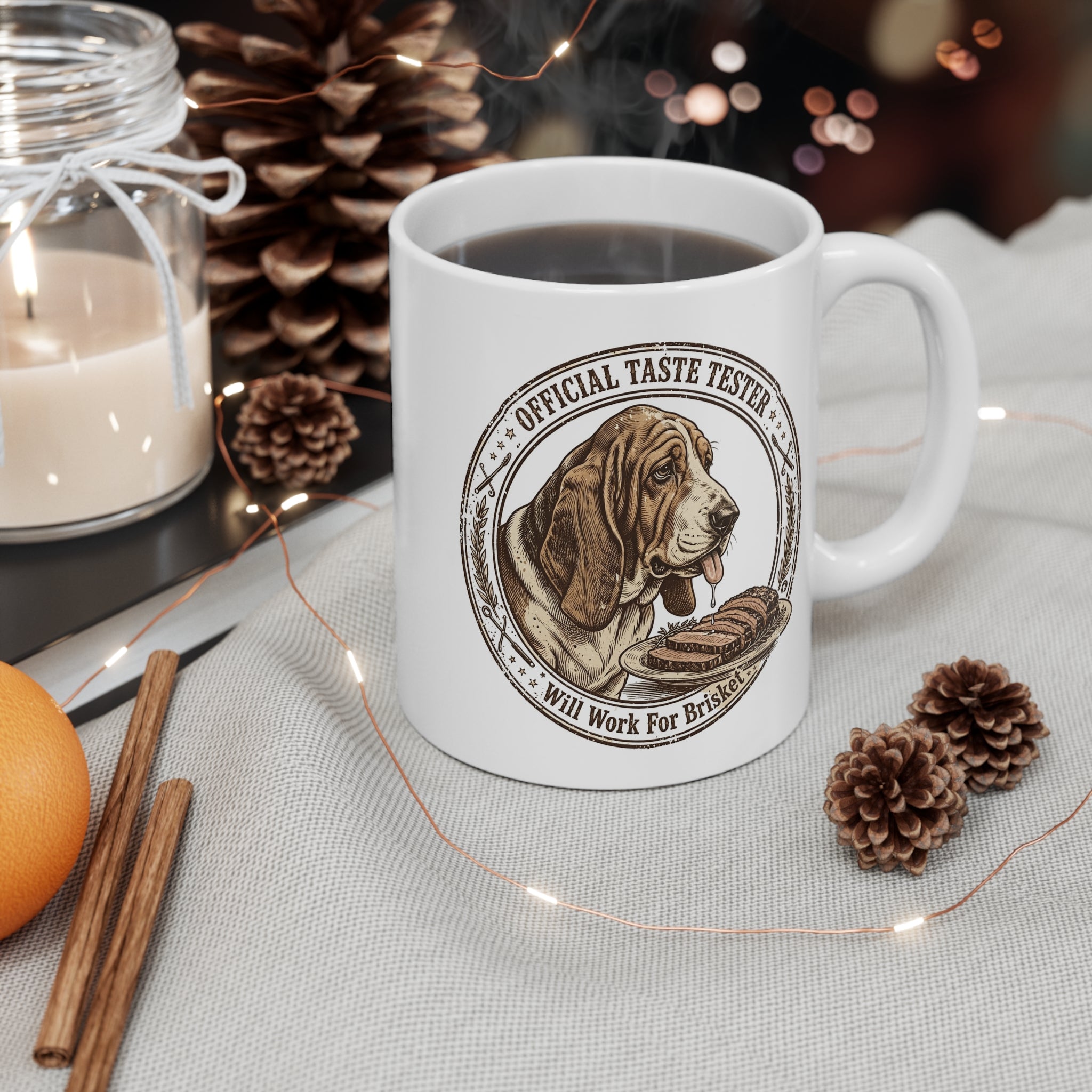 Coffee Mug — "Official Taste Tester: Will Work For Brisket" Basset Hound Design