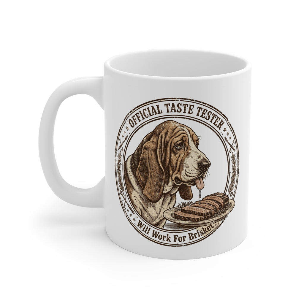 Coffee Mug — "Official Taste Tester: Will Work For Brisket" Basset Hound Design