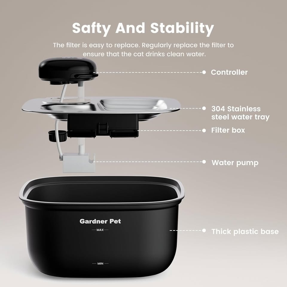 Wireless Cat Water Fountain Stainless Steel Tray, 3.78L Cat Fountain