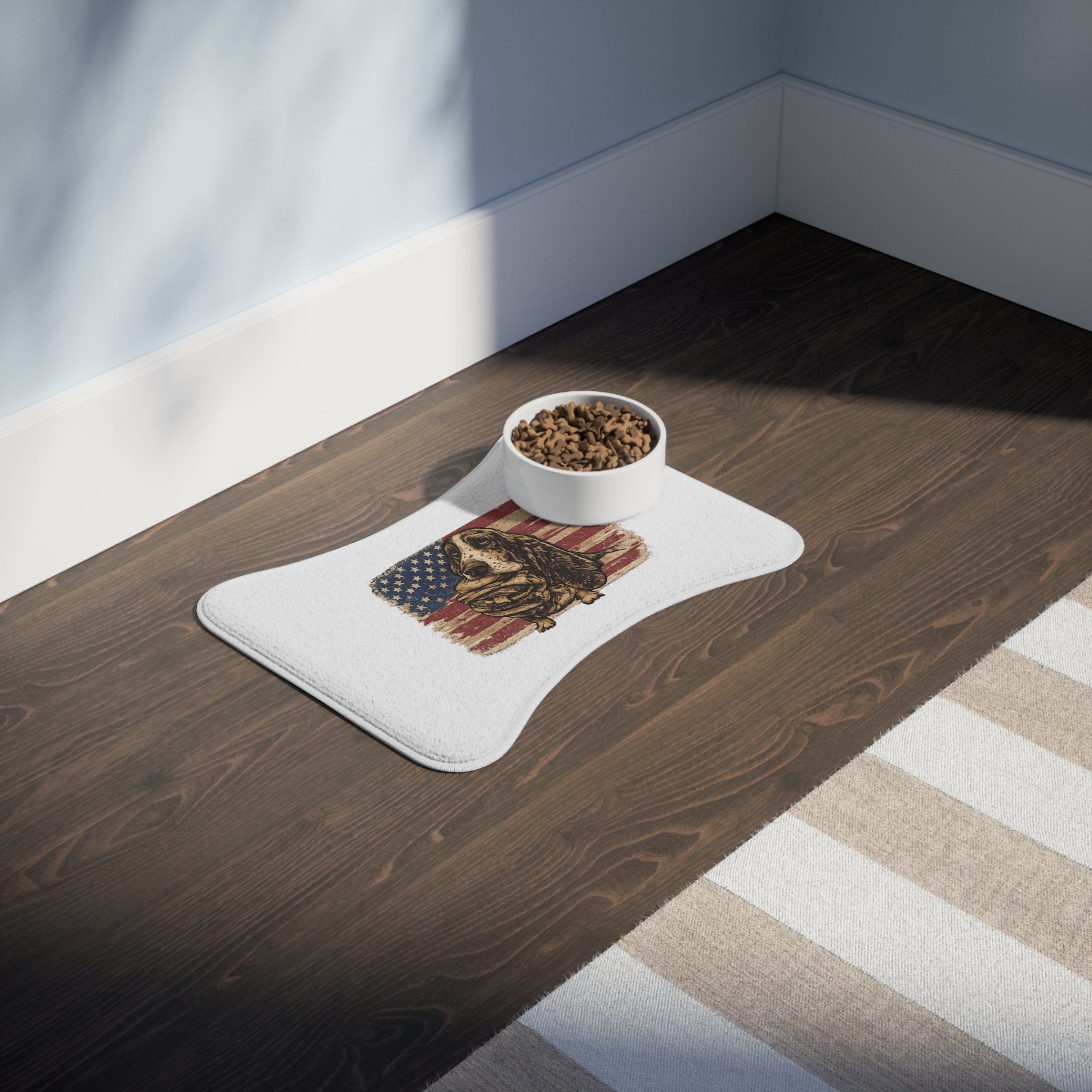 Patriotic Basset Hound Pet Feeding Mat — American Flag Dog Bowl Mat