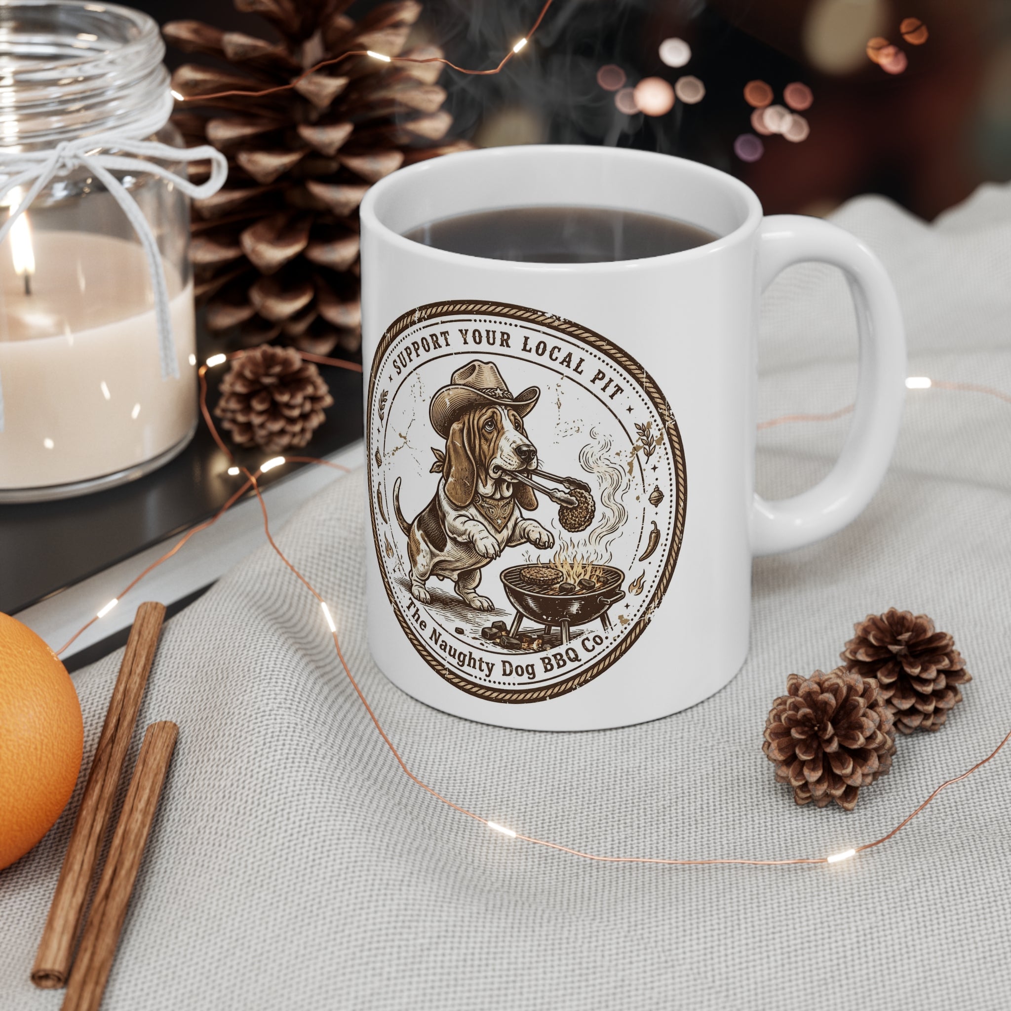 Support Your Local Pit BBQ Mug — "The Naughty Dog BBQ Co." Ceramic Coffee Cup, Funny Basset Hound Grilling Design, Gift for Dog & BBQ Lovers
