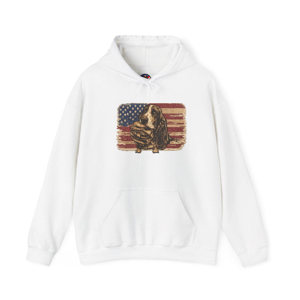 The Naughty Dog Vintage American Flag Hoodie — Basset Hound Graphic Sweatshirt