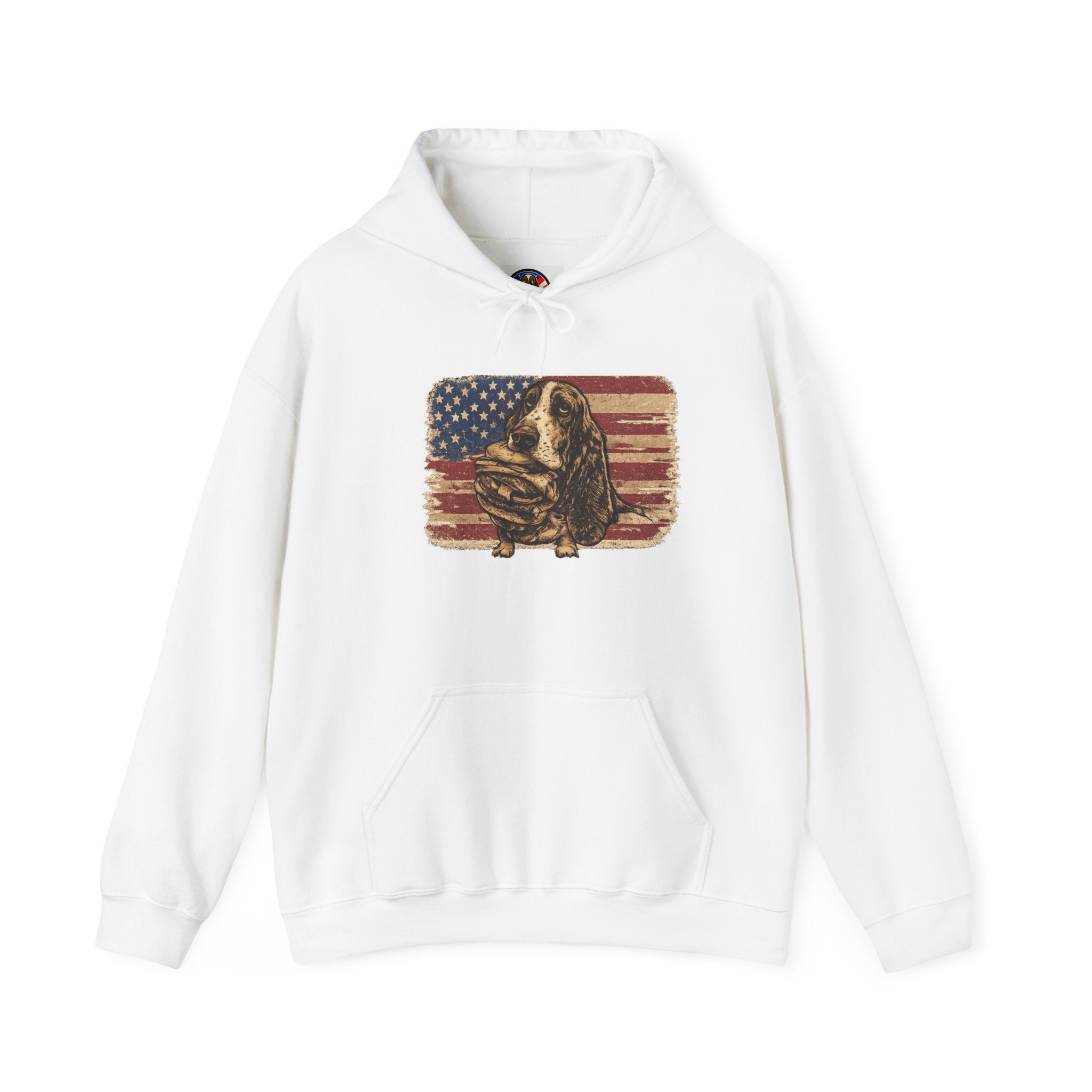 The Naughty Dog Vintage American Flag Hoodie — Basset Hound Graphic Sweatshirt