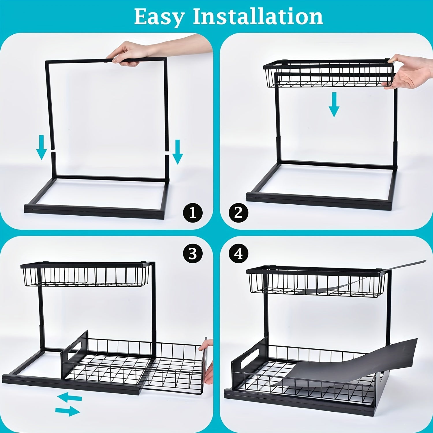 Kitchen sink storage box, pull-out cabinet storage box 2-layer sliding sink rack cabinet storage rack, kitchen bathroom cabinet sink drain storage pull-out frame