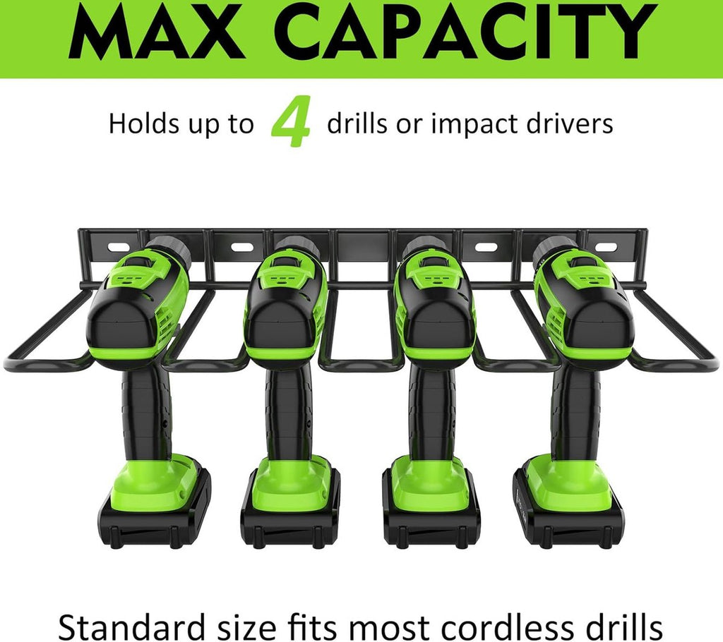 Tool Storage - Storage Rack - Wall Mount - Tool Rack - Tool Holder - 4 Slots - For 4 Power Tools - Tool Storage and Organization - Organizer For Garage, Tool Room - 1 Piece - Metal - Black