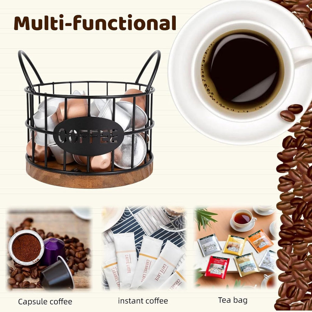 Storage basket - Storage rack - Coffee capsule storage rack - Fruit basket - Home storage accessories - Wooden base - Suitable for home, coffee bars, and offices - Black - 13*13*12 cm