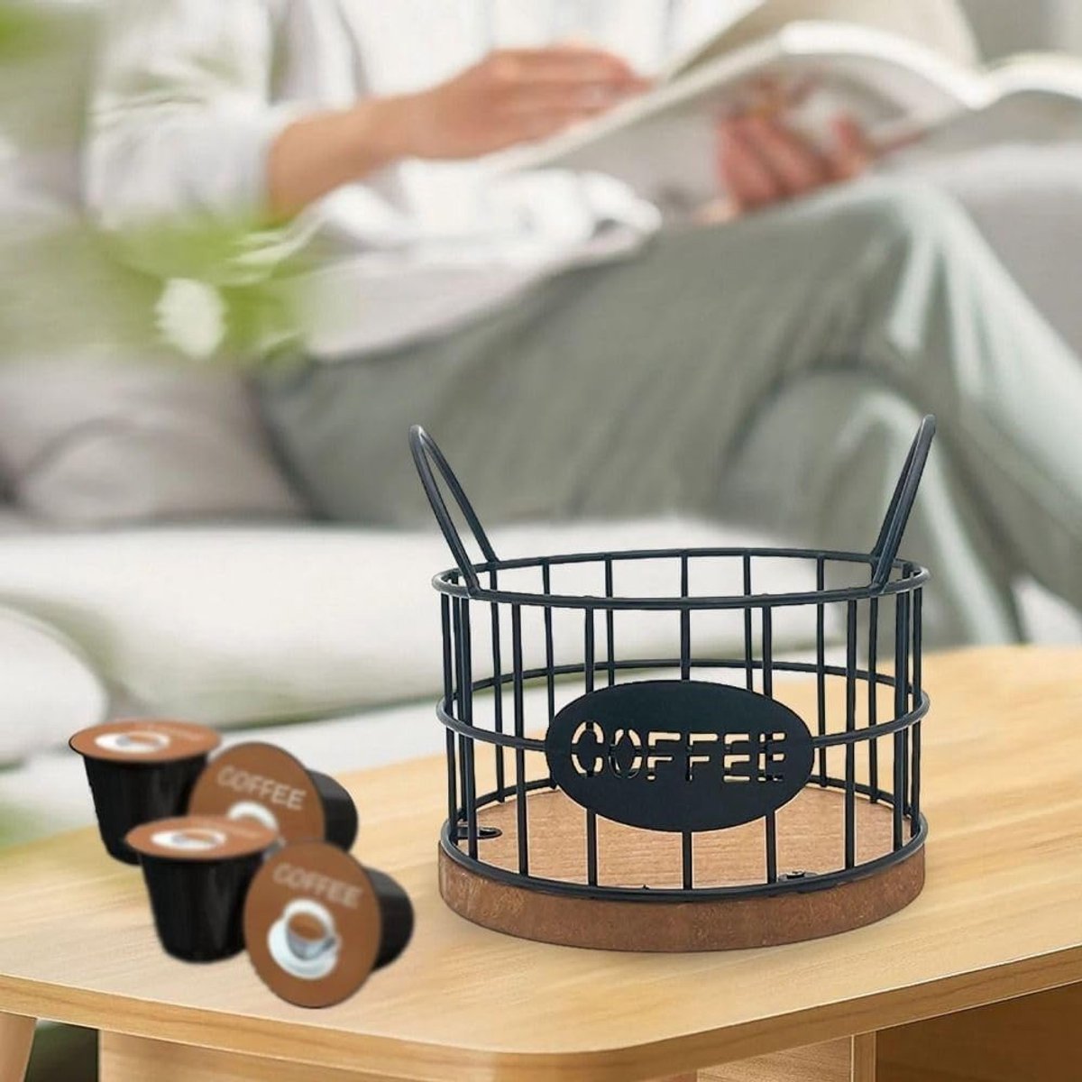 Storage basket - Storage rack - Coffee capsule storage rack - Fruit basket - Home storage accessories - Wooden base - Suitable for home, coffee bars, and offices - Black - 13*13*12 cm