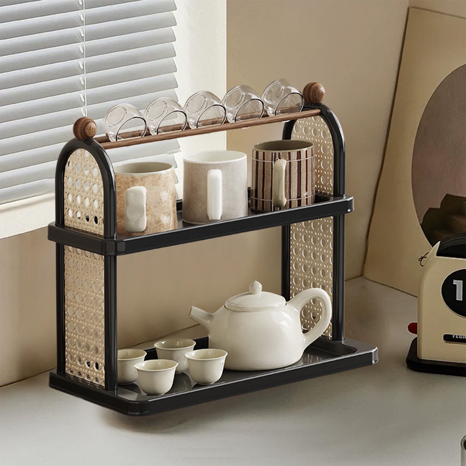 Tea Water Rack, Multi-Functional Storage Rack, Multi Layer Cup Storage Rack, Multi-function Rack Desktop Storage Rack, Mul-tifunctional Wooden Tea Cup Station Countertop Stand Shel Black
