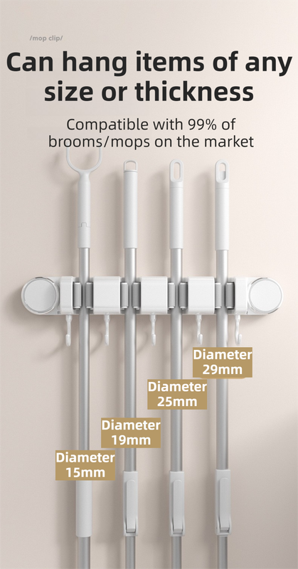 White Vacuum Suction Cup Mop & Broom Storage Rack Combination(3-Size: 2 Clips + 3 Clips + 4 Clips) - Heavy Duty Waterproof Rack for Bathroom & Kitchen