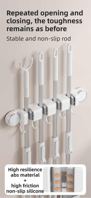 White Vacuum Suction Cup Mop & Broom Storage Rack Combination(3-Size: 2 Clips + 3 Clips + 4 Clips) - Heavy Duty Waterproof Rack for Bathroom & Kitchen